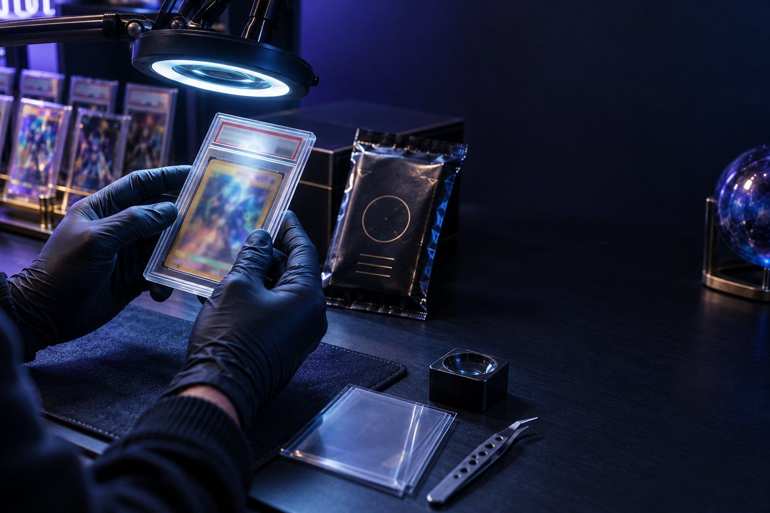 Collector inspecting a graded card slab under precision light