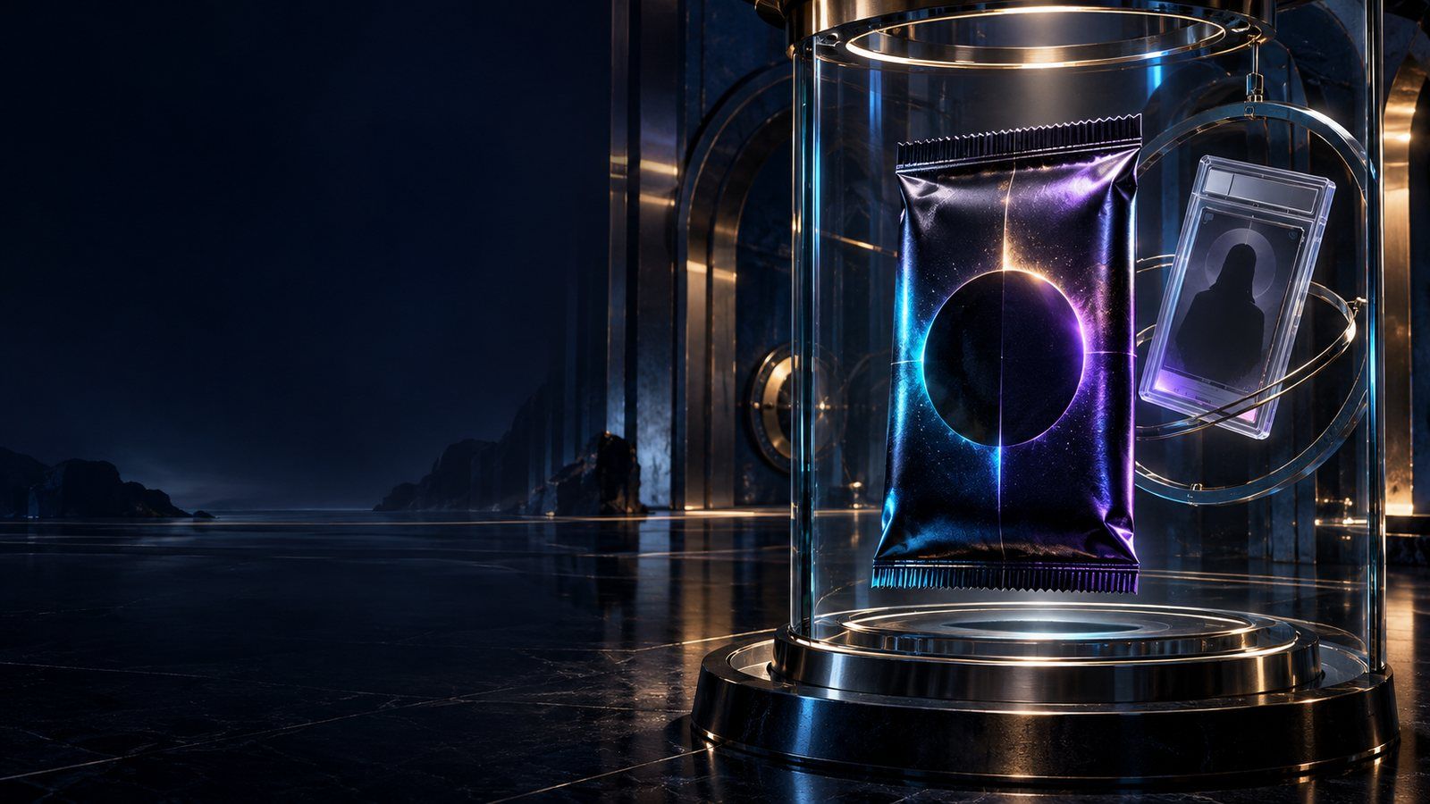 Premium mystery pack displayed inside a collector vault